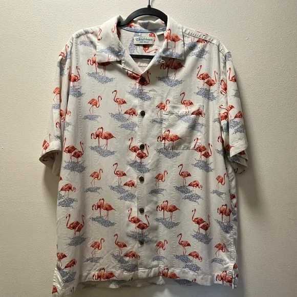Caribbean Silk Blend Chic Coastal Shirt, Men’s L, White with Pink Flamingos - Picture 1 of 5